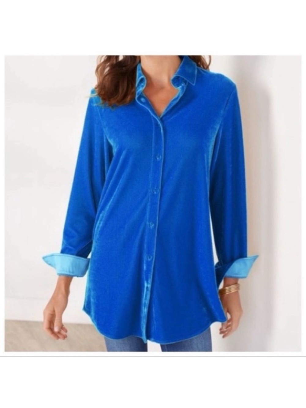 Soft Surroundings Women's Blue Velvet Button Down Shirt. SIZE S NWT